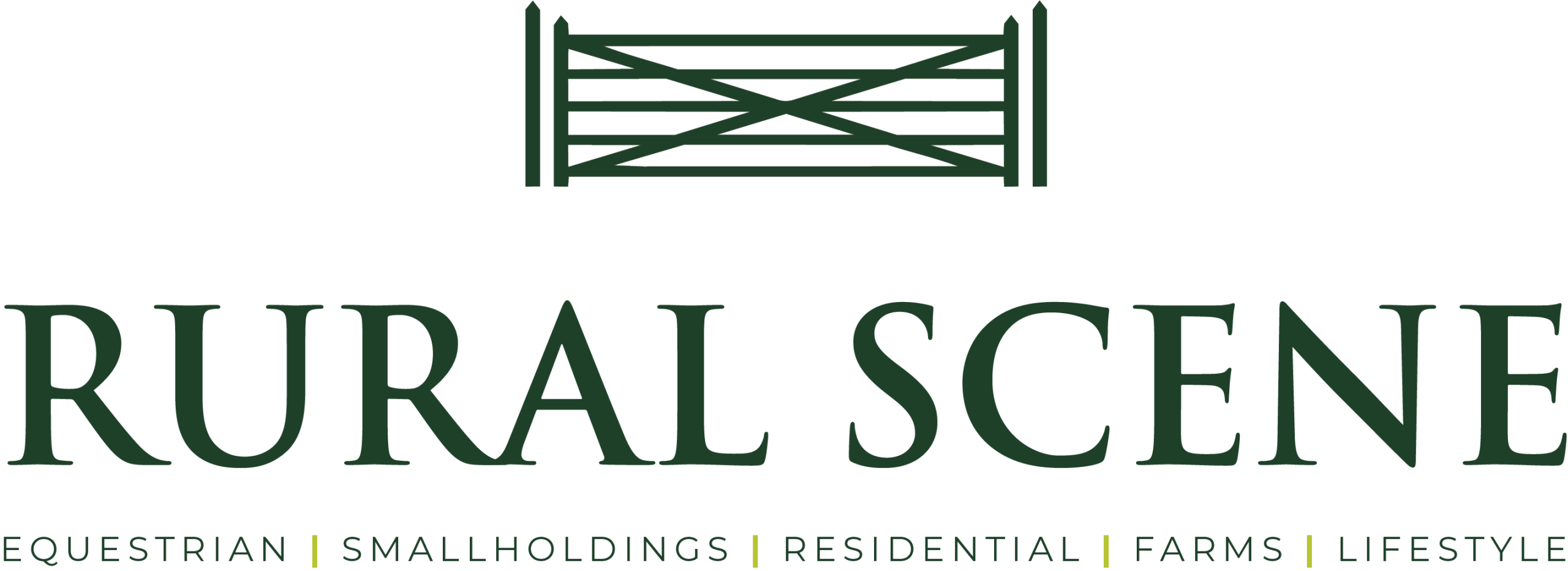 Rural Scene logo with green gate illustration and text reading 'Rural Scene, Equestrian, Smallholdings, Residential, Farms, Lifestyle'