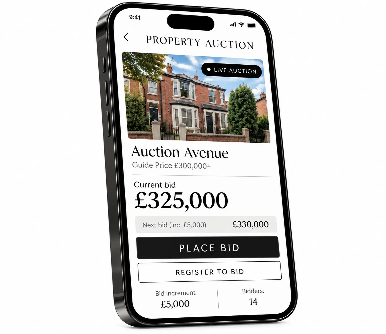 Smartphone displaying property auction listing for Auction Avenue, a red brick Victorian house with guide price £300,000+, current bid £325,000, with Place Bid and Register to Bid buttons