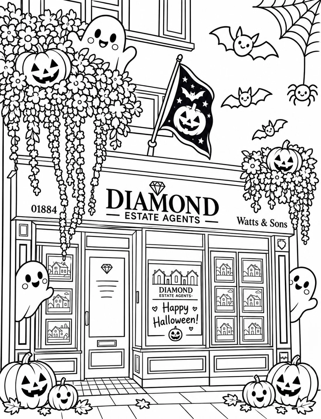 Line drawing of Diamond Estate Agents shopfront decorated for Halloween with jack-o'-lanterns, ghosts, bats, spider webs, hanging flowers, and a flag reading 'Happy Halloween'. Phone number 01884 and 'Watts & Sons' visible on storefront.