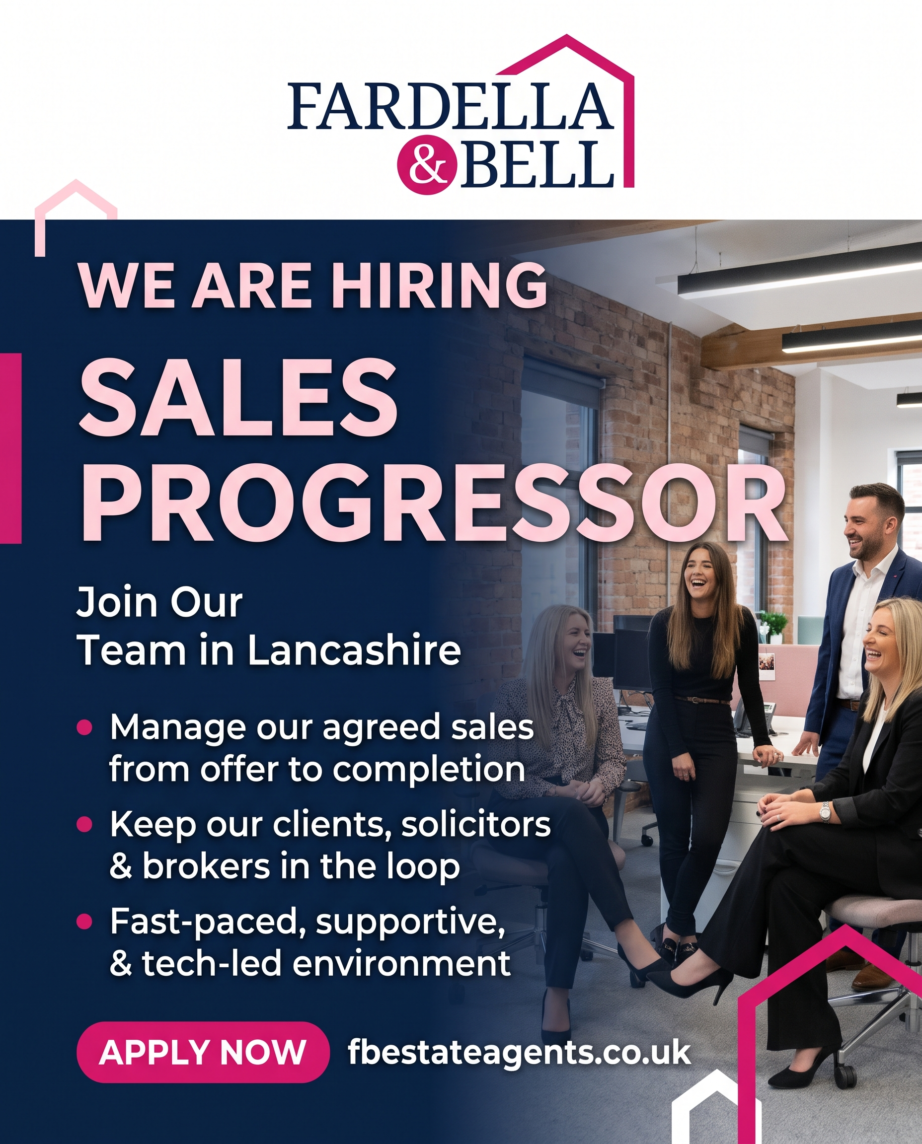 Fardella & Bell job recruitment poster for Sales Progressor role in Lancashire, showing four people in an office environment with job details and apply now button