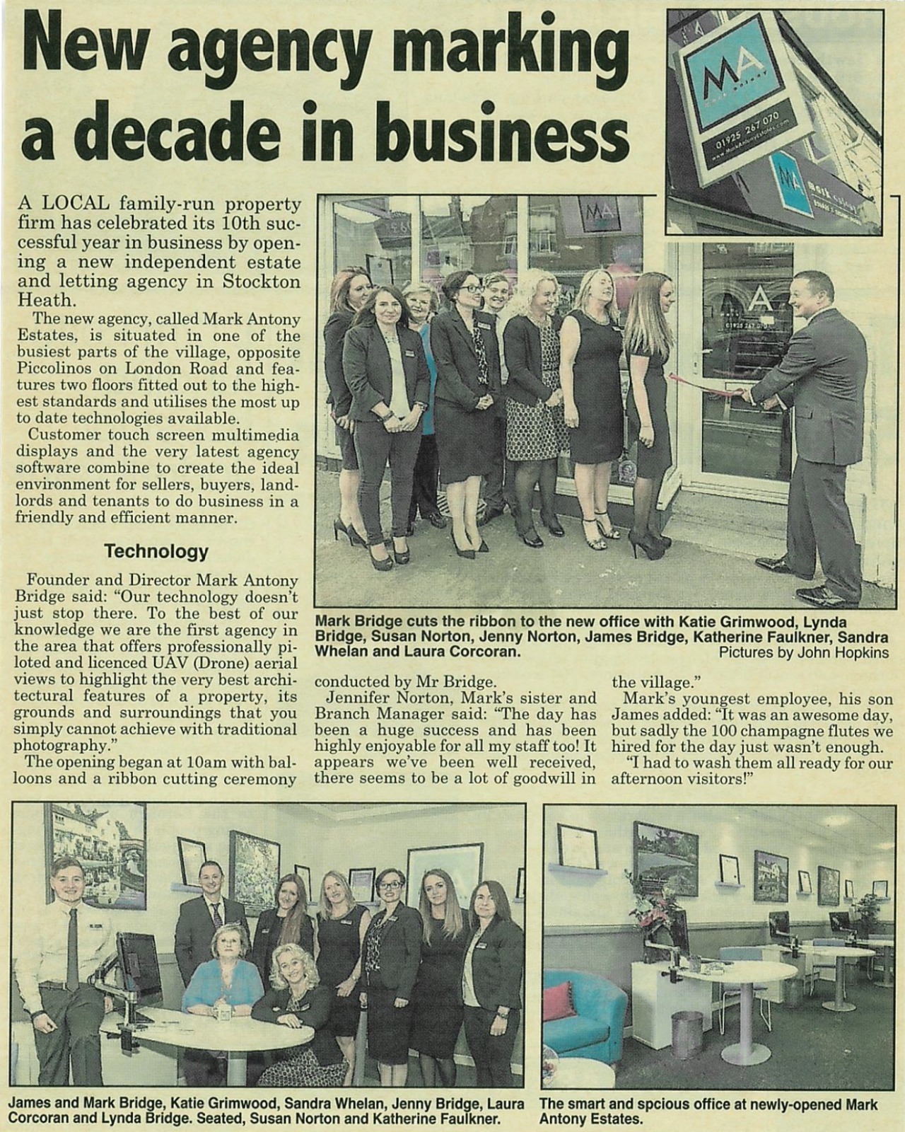 Newspaper article from Mark Antony Estates' first office opening in Stockton Heath
