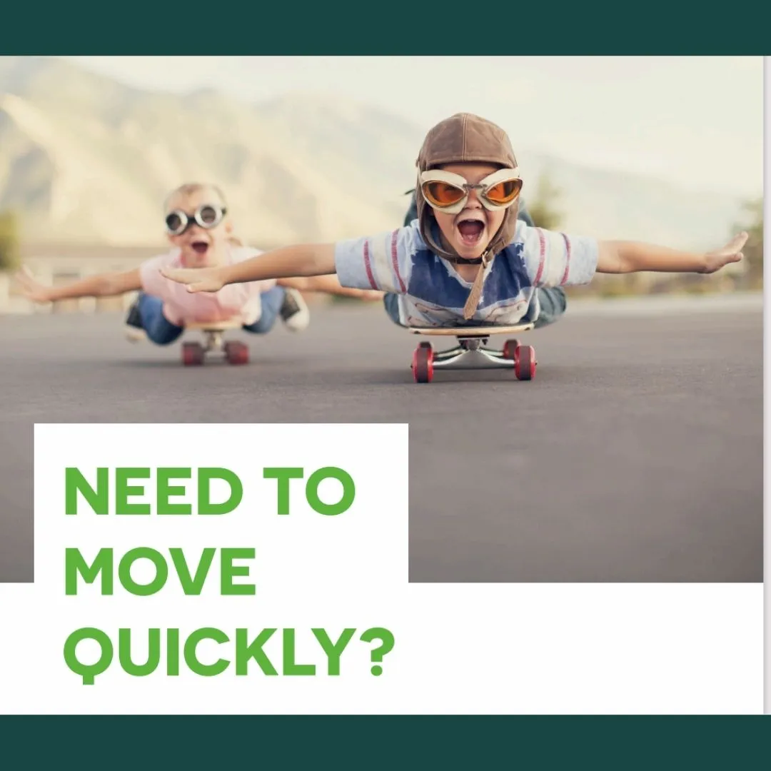 Two children on skateboards wearing pilot goggles and caps, arms outstretched. Text overlay: "NEED TO MOVE QUICKLY?"