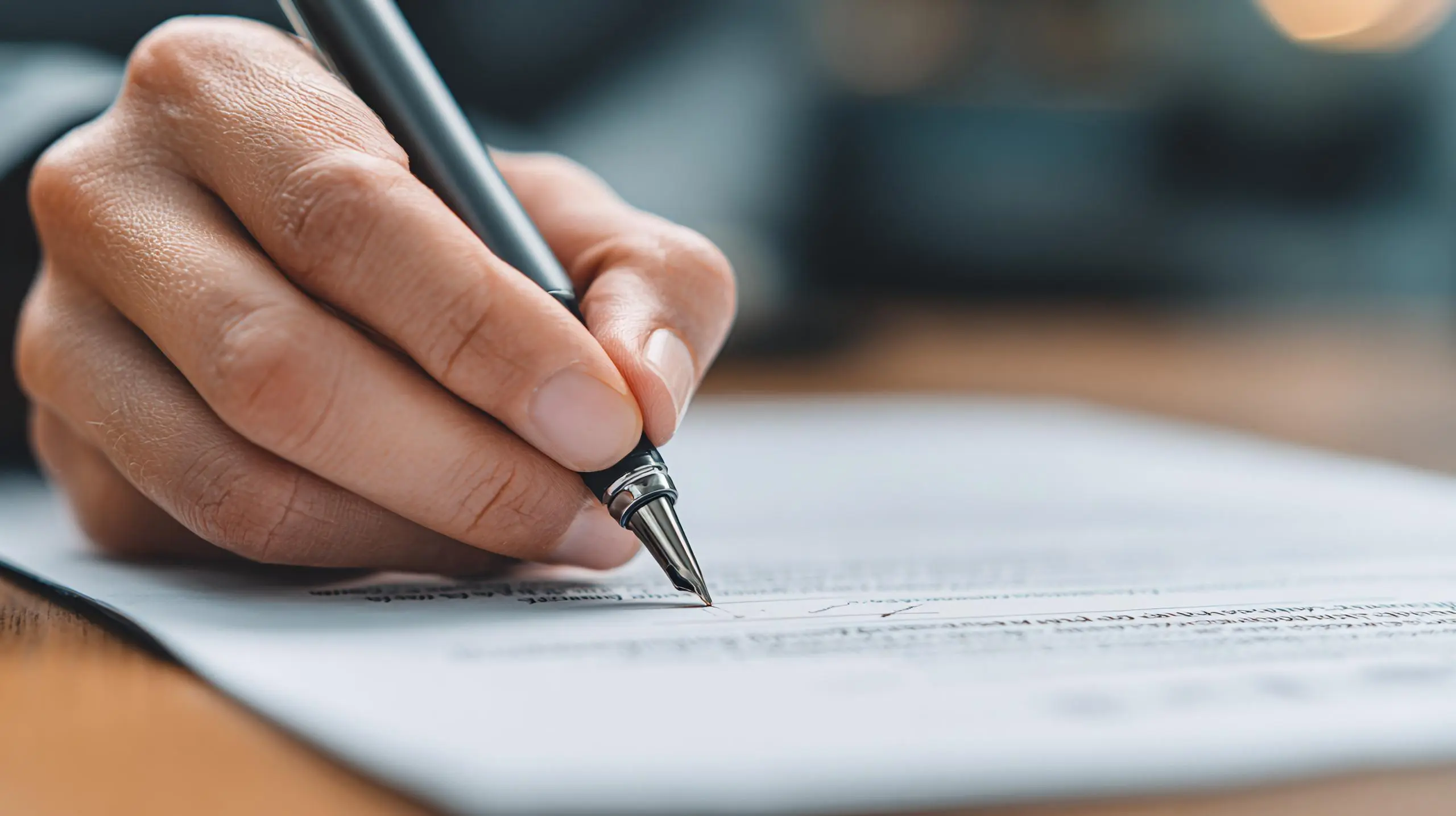 Hand holding a pen, signing a document on a wooden desk