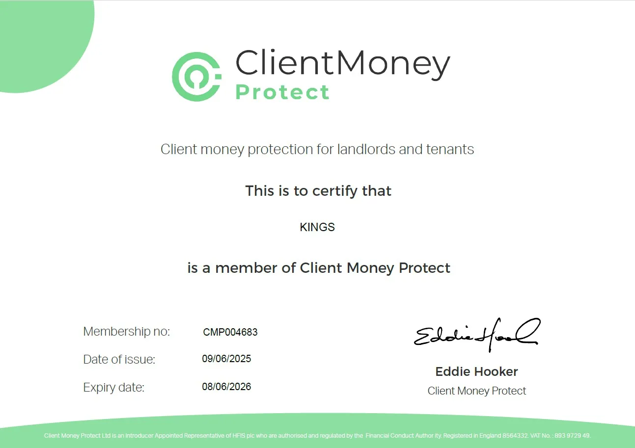 Certificate of Kings Estate Agents Client Money Protect MEmbership