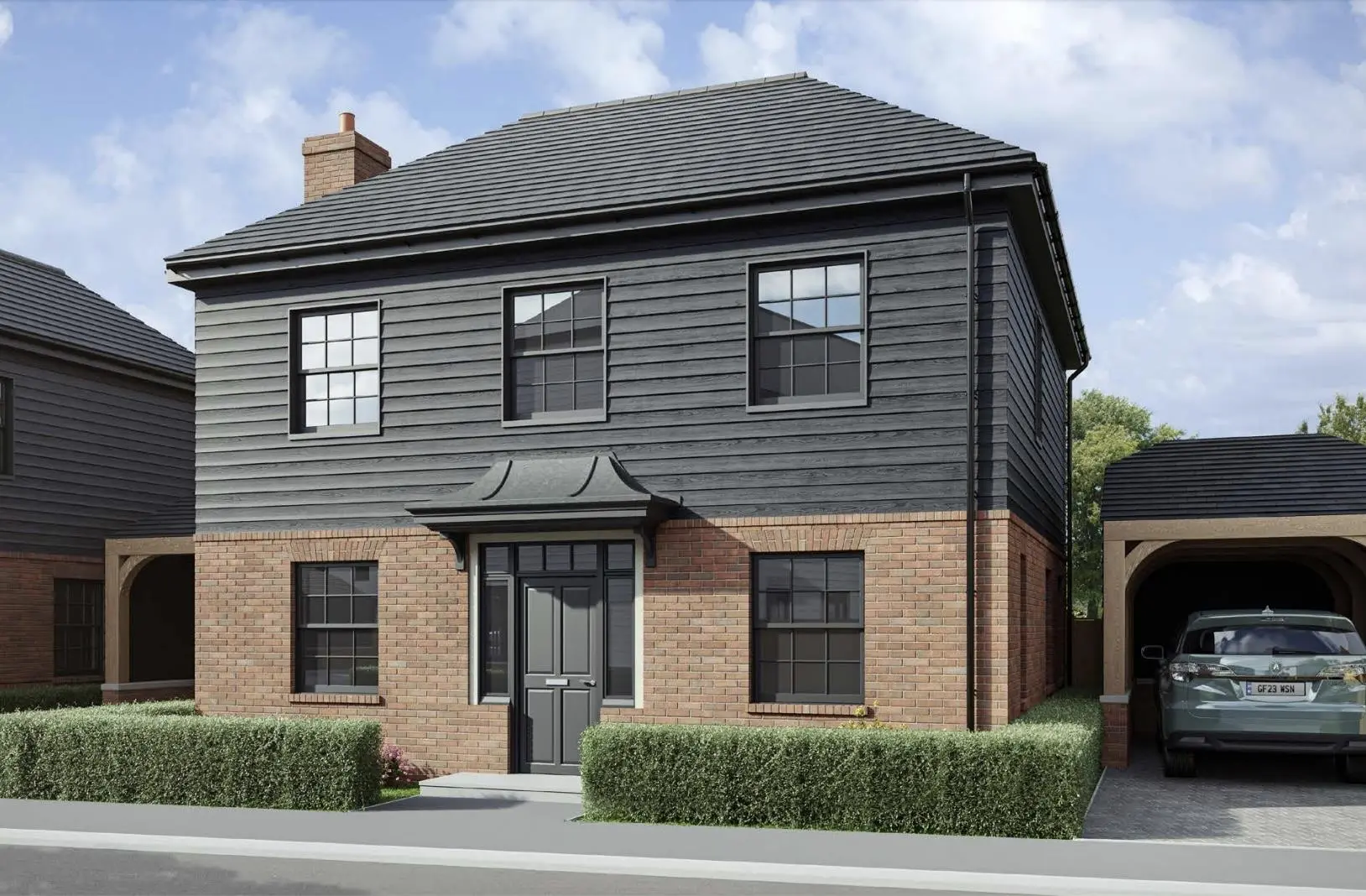 Two-storey detached house with brick lower level, dark cladding upper level, slate roof, central front door, multiple windows, and attached garage with parked car