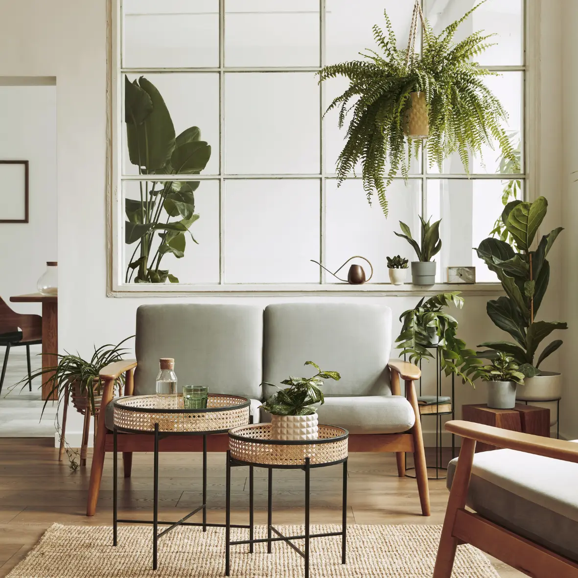 Modern living room with grey sofa, wooden side tables, woven nesting tables, potted plants, and large multi-pane window