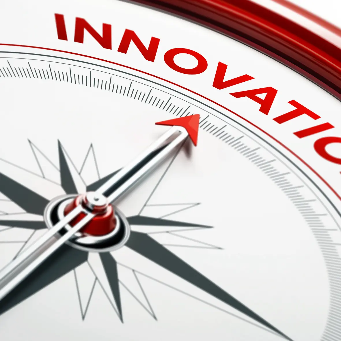 Compass needle pointing to "Innovation" text in red
