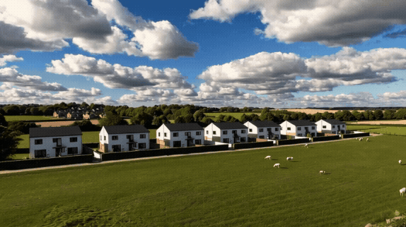 A panoramic shot of Hertfordshire countryside with a modern new-build development in the background.