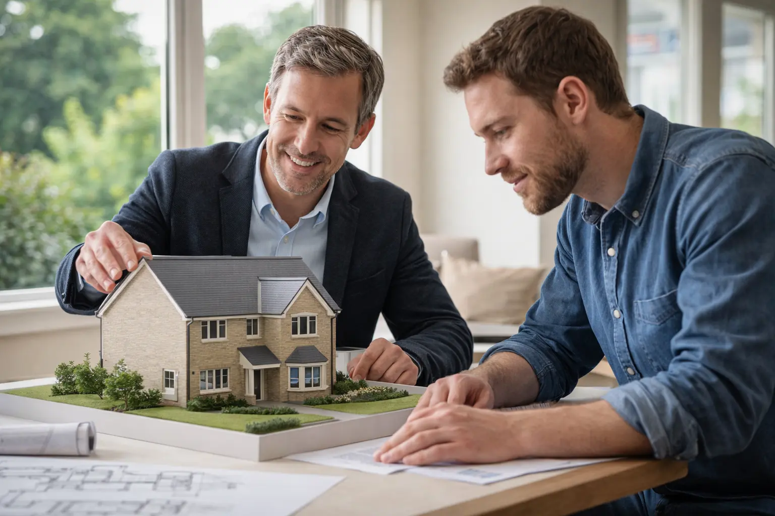 Developer showing plans or architect’s model of a new home.