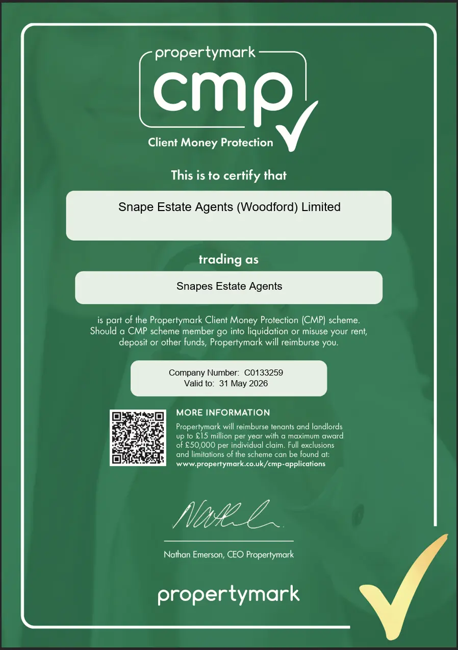 Propertymark Client Money Protection certificate for Snape Estate Agents (Woodford) Limited, trading as Snapes Estate Agents, valid to 31 May 2026