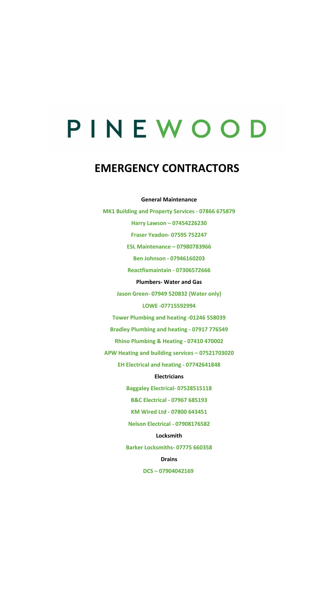 Pinewood Emergency Contractors list with contact details for general maintenance, plumbing, electrical, locksmith and drain services