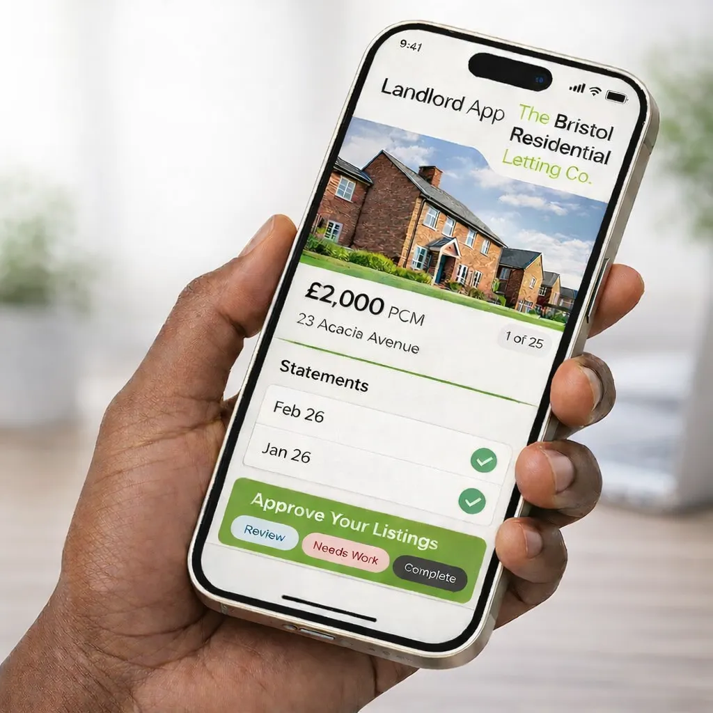 A hand holding a phone displaying a property overview screen from the Street.co.uk app.