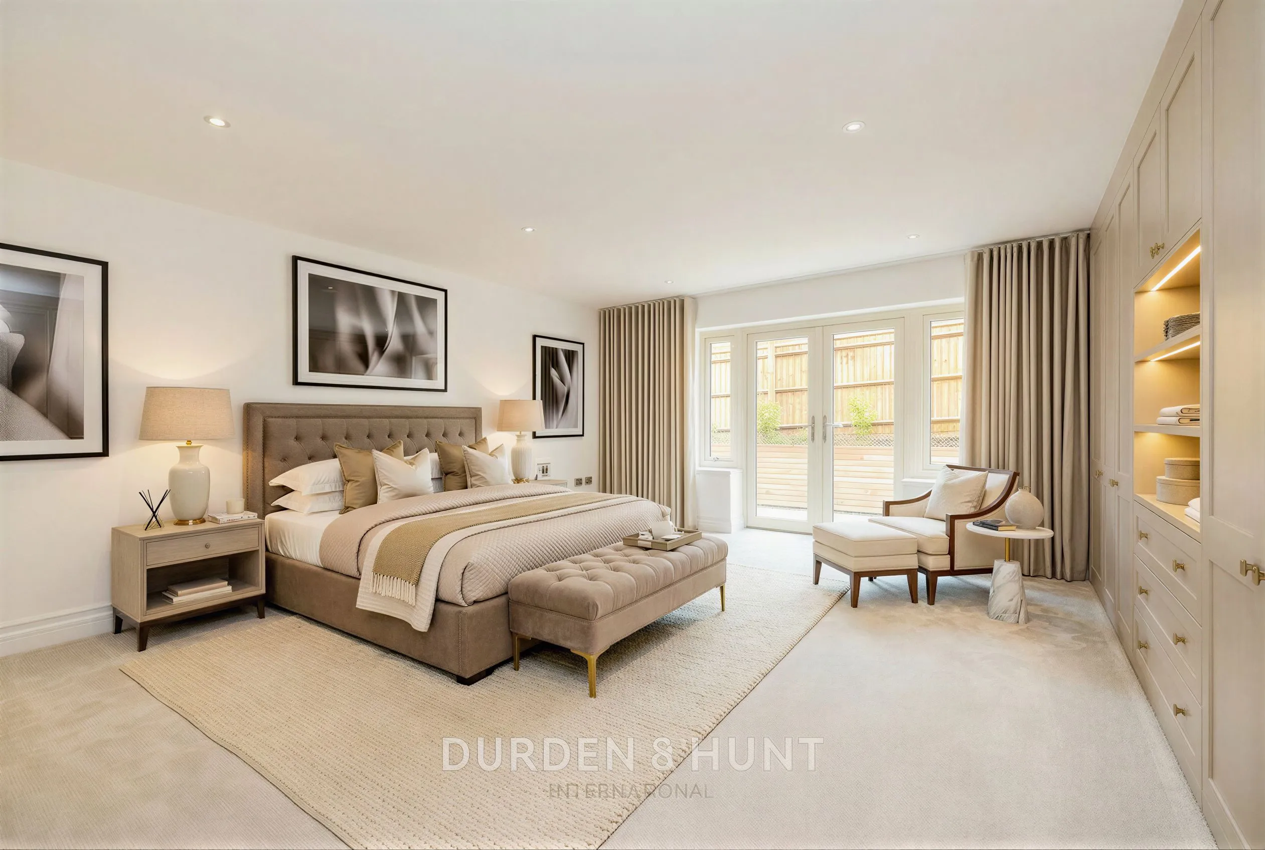 Modern bedroom with upholstered bed, bedside tables with lamps, framed artwork, seating area, built-in wardrobes with lighting, and glass doors opening to terrace