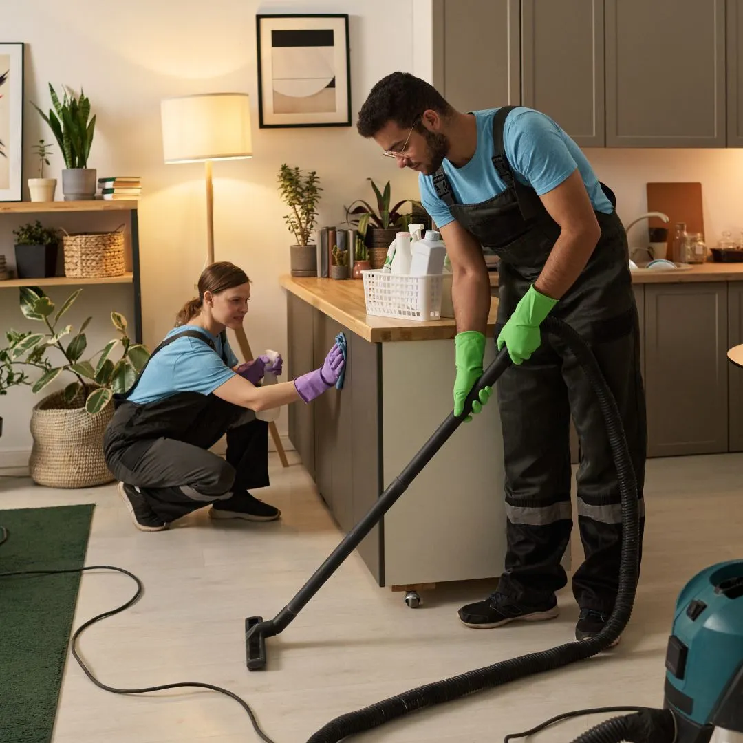 Professional cleaners preparing a kitchen, vacuuming floors and wiping surfaces to ensure a property is ready for new tenants