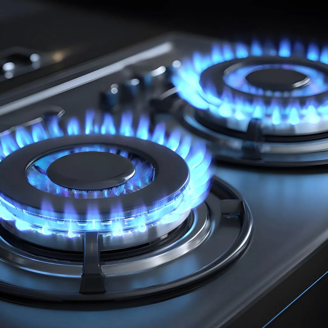 Gas hob burners lit with blue flames on a modern kitchen stove, indicating working hob