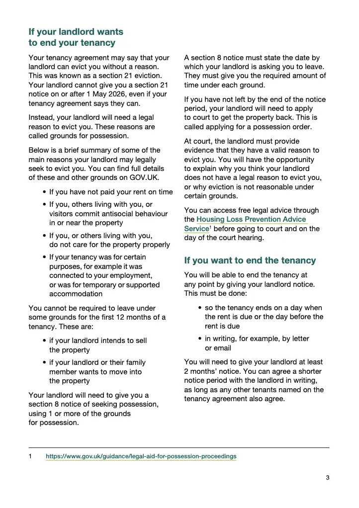 Page 3 of a guide titled "If your landlord wants to end your tenancy", containing information about section 21 evictions, grounds for possession, and tenant rights under UK tenancy law