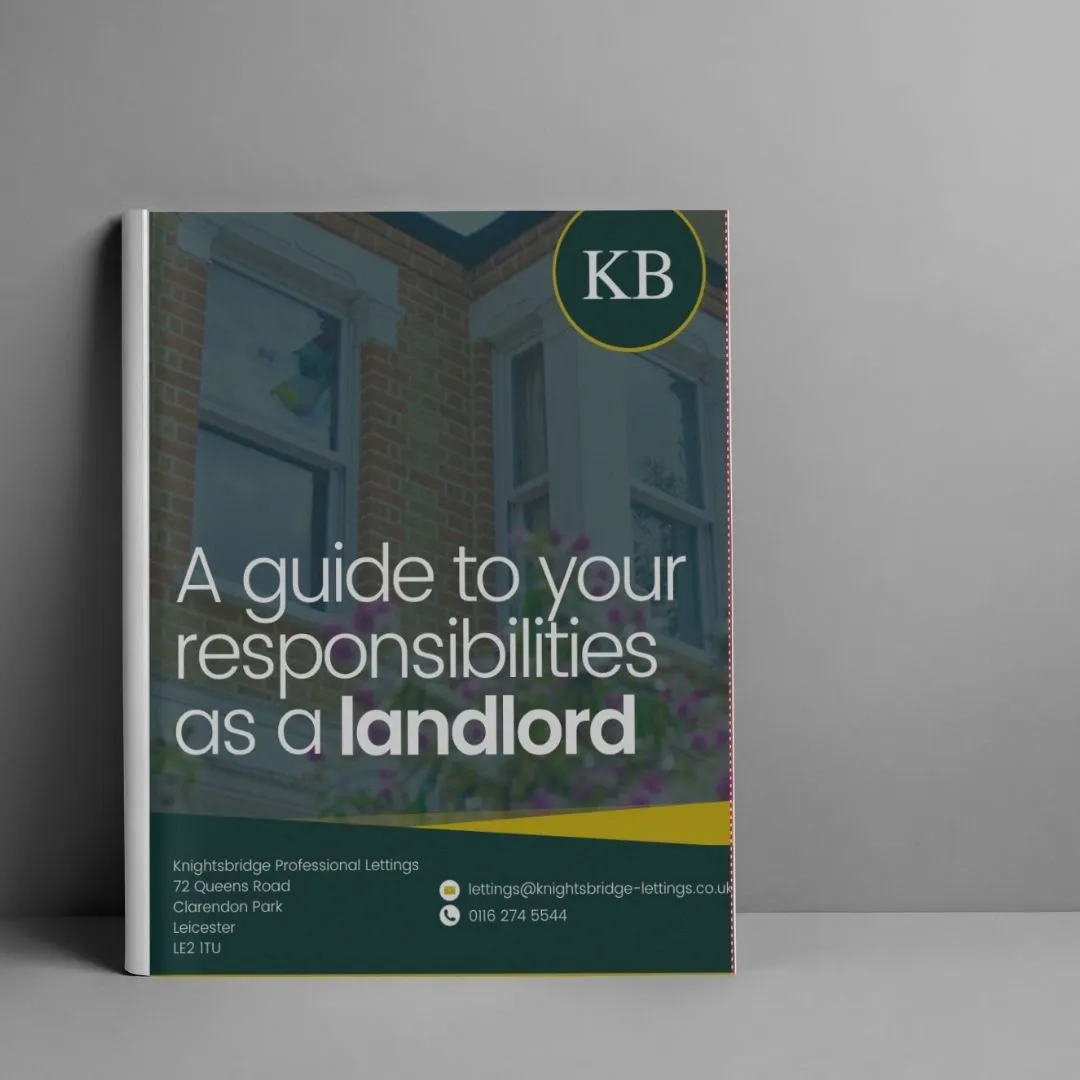 Booklet cover titled "A guide to your responsibilities as a landlord" with KB logo, showing brick building with windows and flowers. Contact details for Knightsbridge Professional Lettings, Leicester.