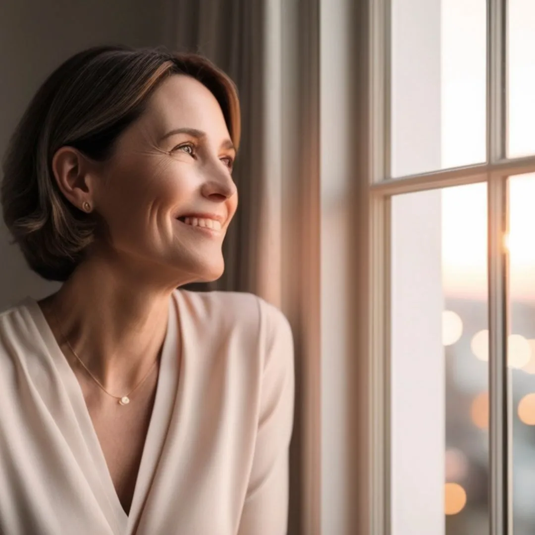Woman looking out of a window with a view of buildings and sunset in the background