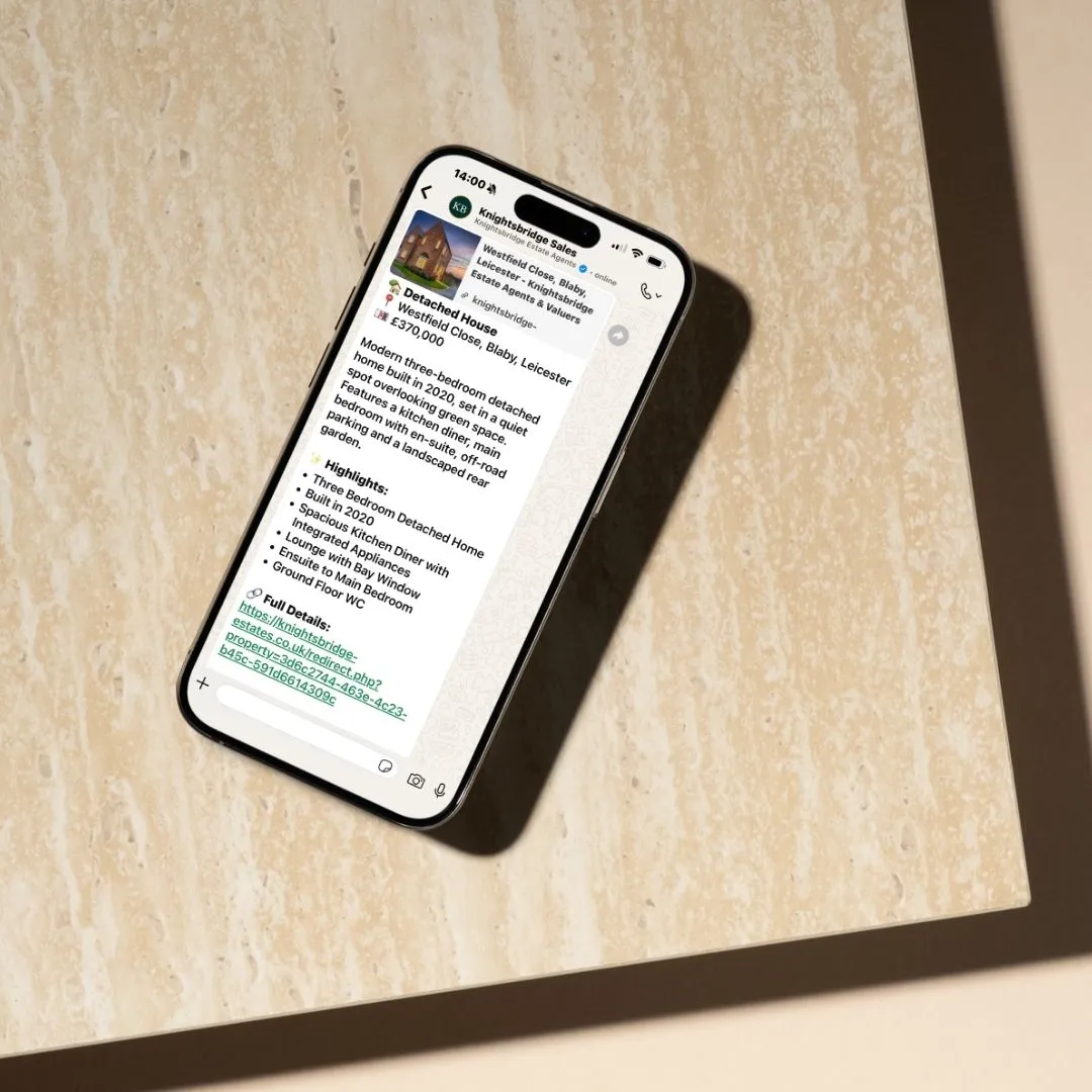 Smartphone displaying a property listing for a detached house in Westfield Close, Blabby, Leicester, showing details of a three-bedroom home built in 2020