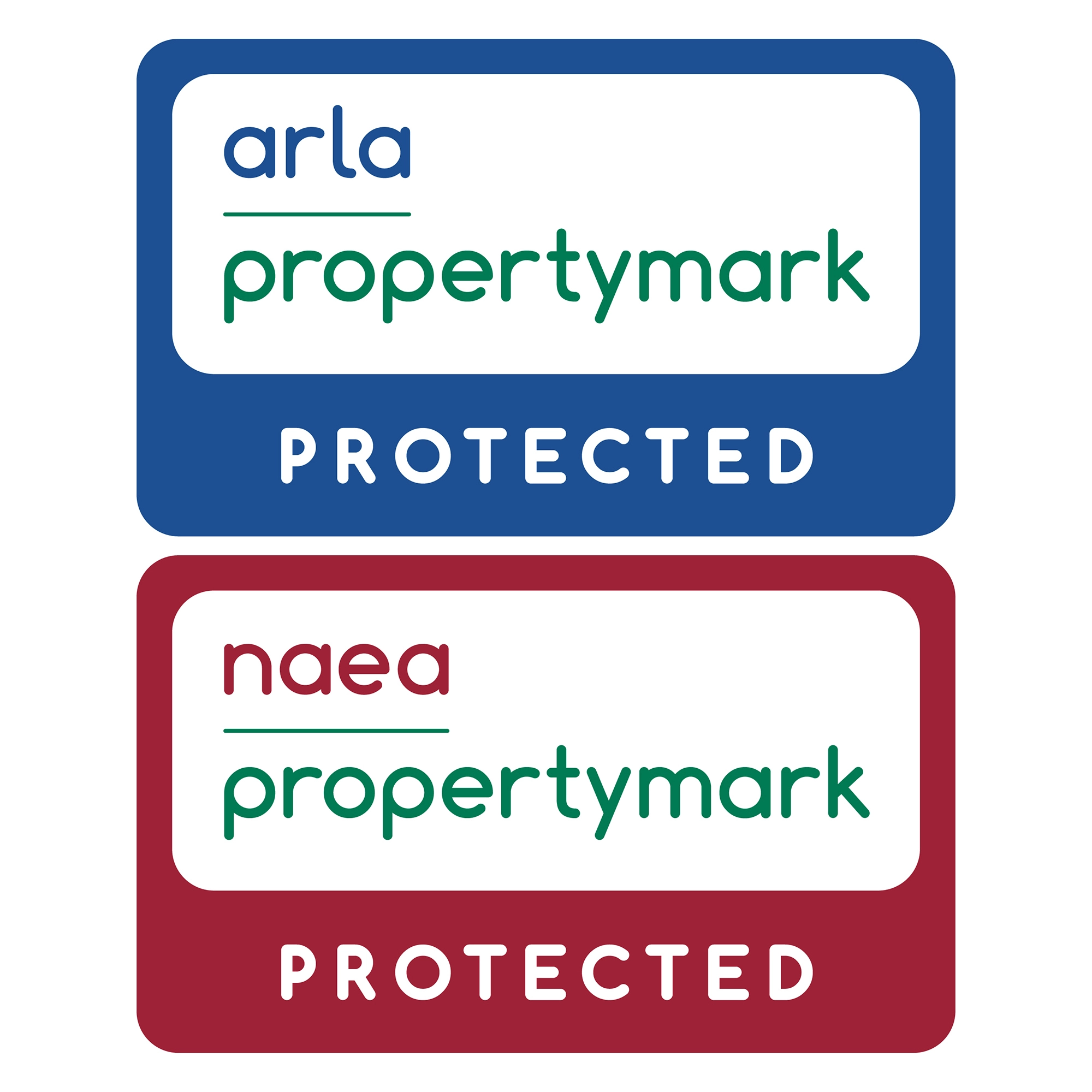 Two property protection badges: arla propertymark protected (blue) and naea propertymark protected (burgundy)