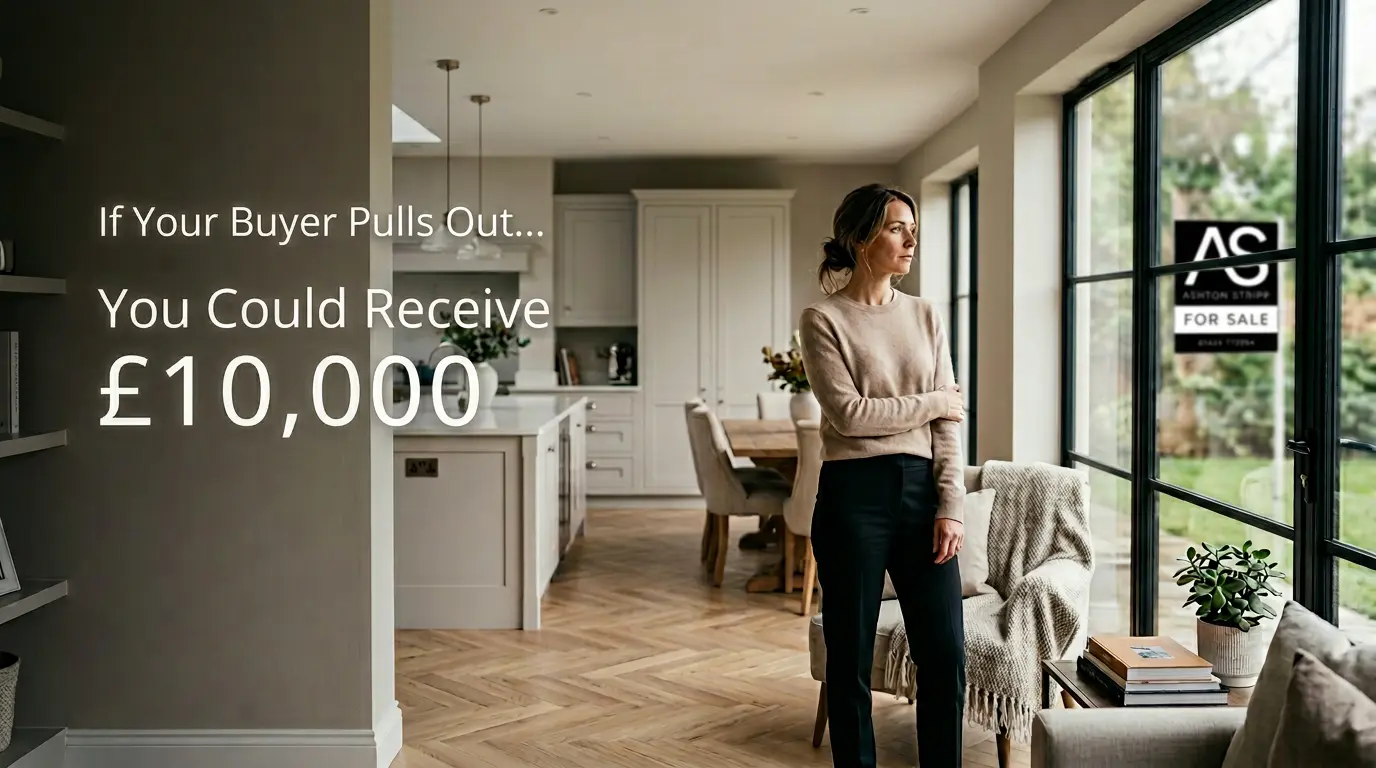 Woman standing in modern kitchen-diner with white cabinetry, herringbone flooring, and large windows overlooking garden. Text overlay: "If Your Buyer Pulls Out... You Could Receive £10,000"