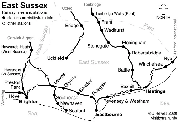 Map of East Sussex railway lines and stations, showing routes through Brighton, Hastings, Eastbourne and surrounding areas