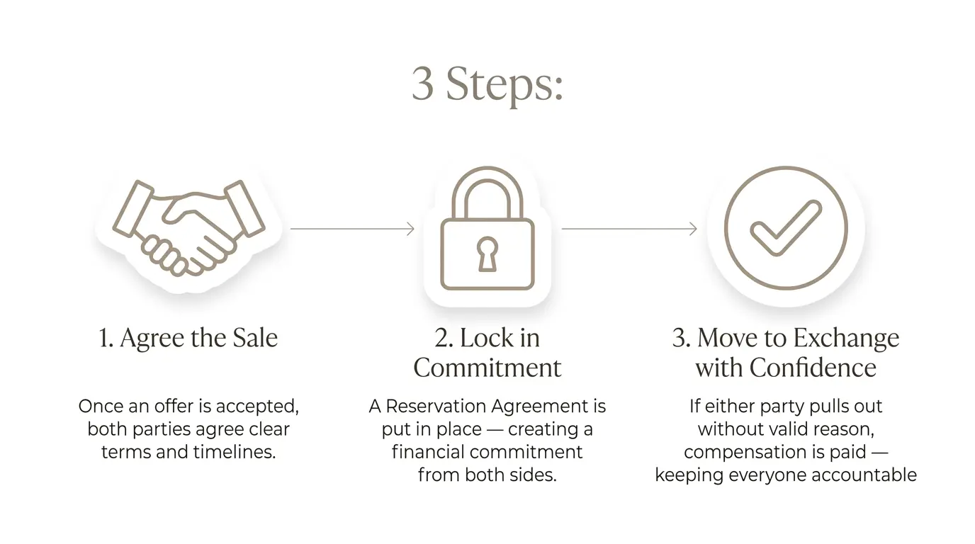 Infographic showing three steps: handshake icon labelled "1. Agree the Sale", padlock icon labelled "2. Lock in Commitment", and checkmark icon labelled "3. Move to Exchange with Confidence"