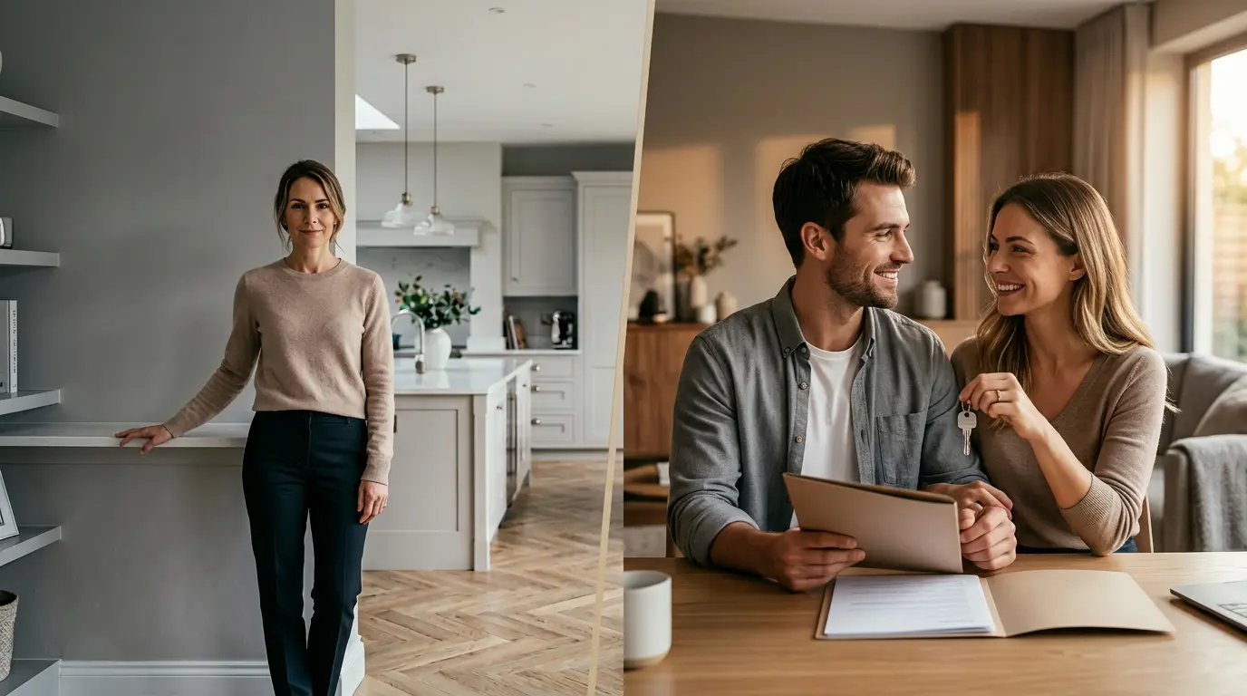 Split-screen image: left shows woman in kitchen with white cabinetry and pendant lights; right shows two people at wooden table with tablet and documents, holding house keys