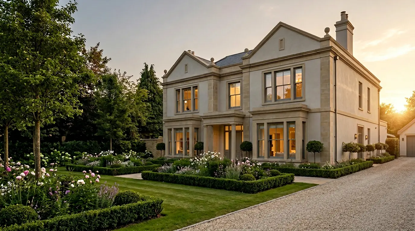 Two-storey stone house with large windows, manicured gardens with flowering shrubs and hedges, gravel driveway, photographed at sunset