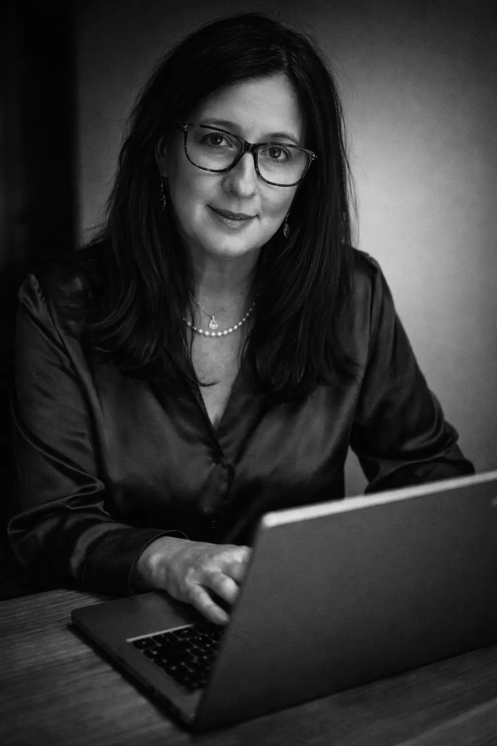 Woman wearing glasses and dark blazer with pearl necklace, sitting at desk with laptop